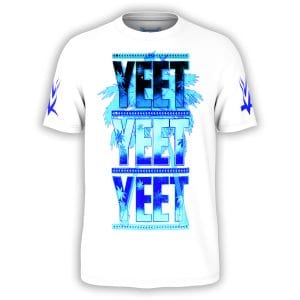 Front of white Jey Uso YEET wrestling tee