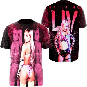 Stand out at WWE events with this Liv Morgan Watch Me Liv polyester pro wrestling shirt, showcasing all-over pink and black art and photoreal portraits perfect for women’s wrestling collectors.