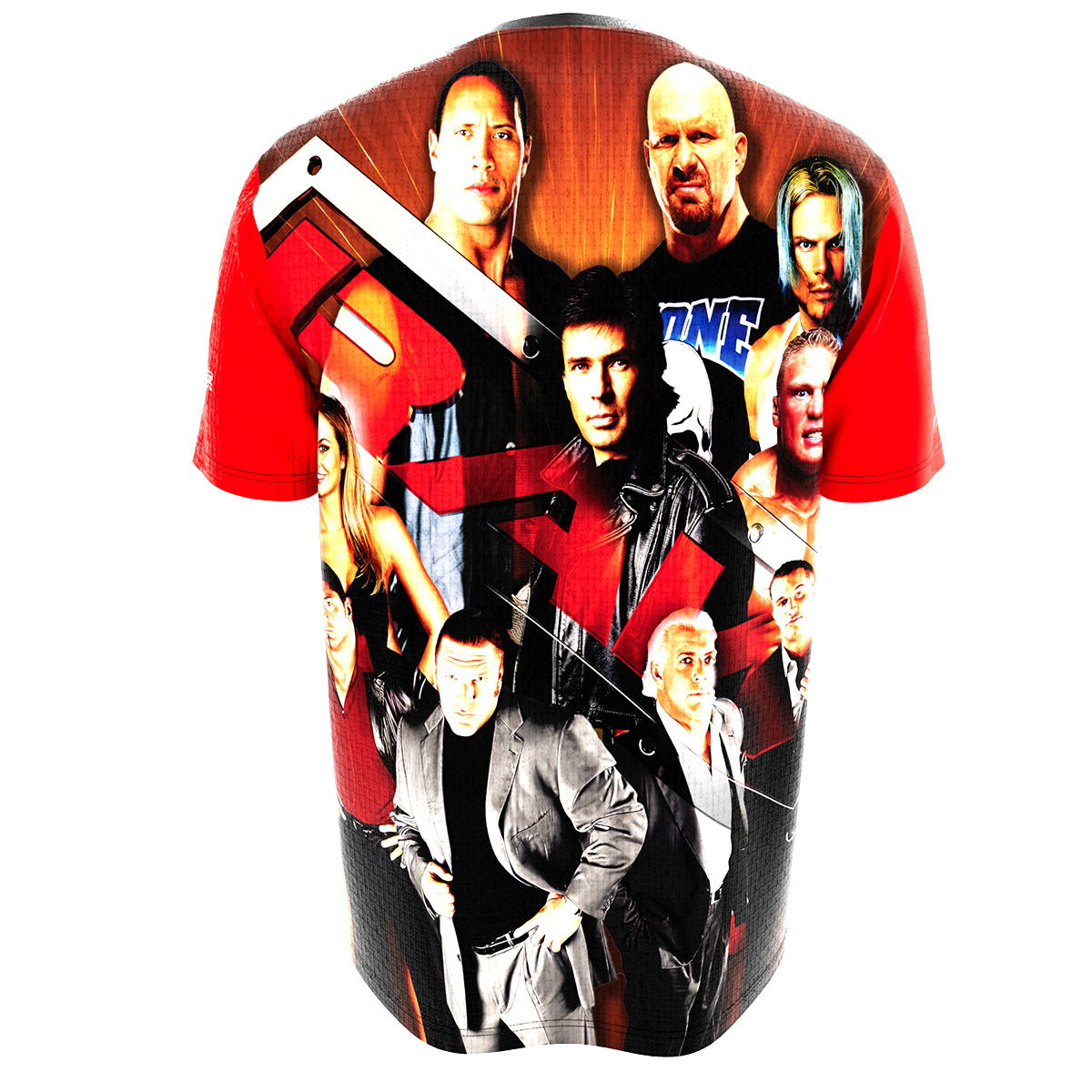 Celebrate the early 2000s with the Ruthless Aggression Era RAW Legends tee — front RAW logo, sleeve WWE logos, and a back tribute to Evolution, The Rock, Stone Cold, Brock Lesnar, Stacy Keibler, Eric Bischoff, and Jeff Hardy from WrestlingTees.net.