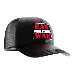Side view of black RAW Is War retro trucker hat