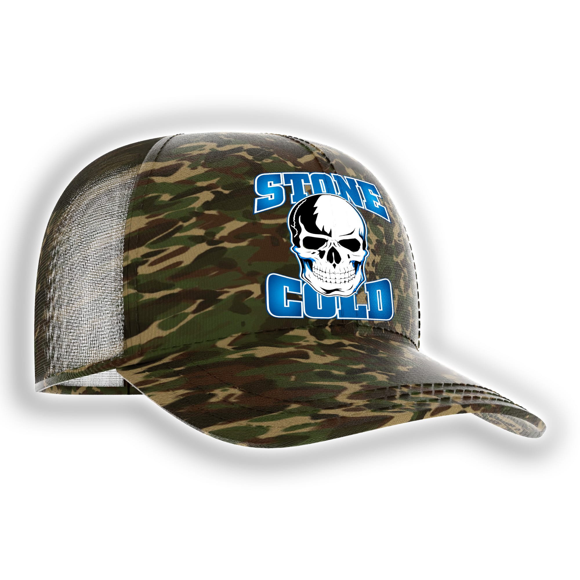 Side view of camouflage Stone Cold Steve Austin skull hat