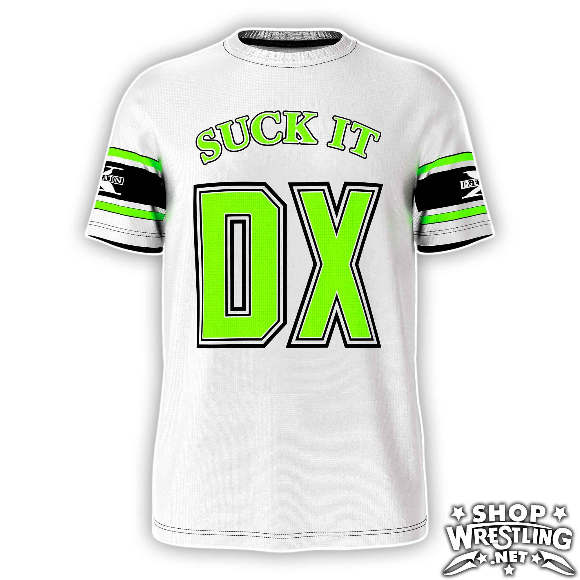 Retro DX Attitude Era jersey with SUCK IT front print, D-GENERATE 69 back and sleeve stripes for hardcore wrestling fans.