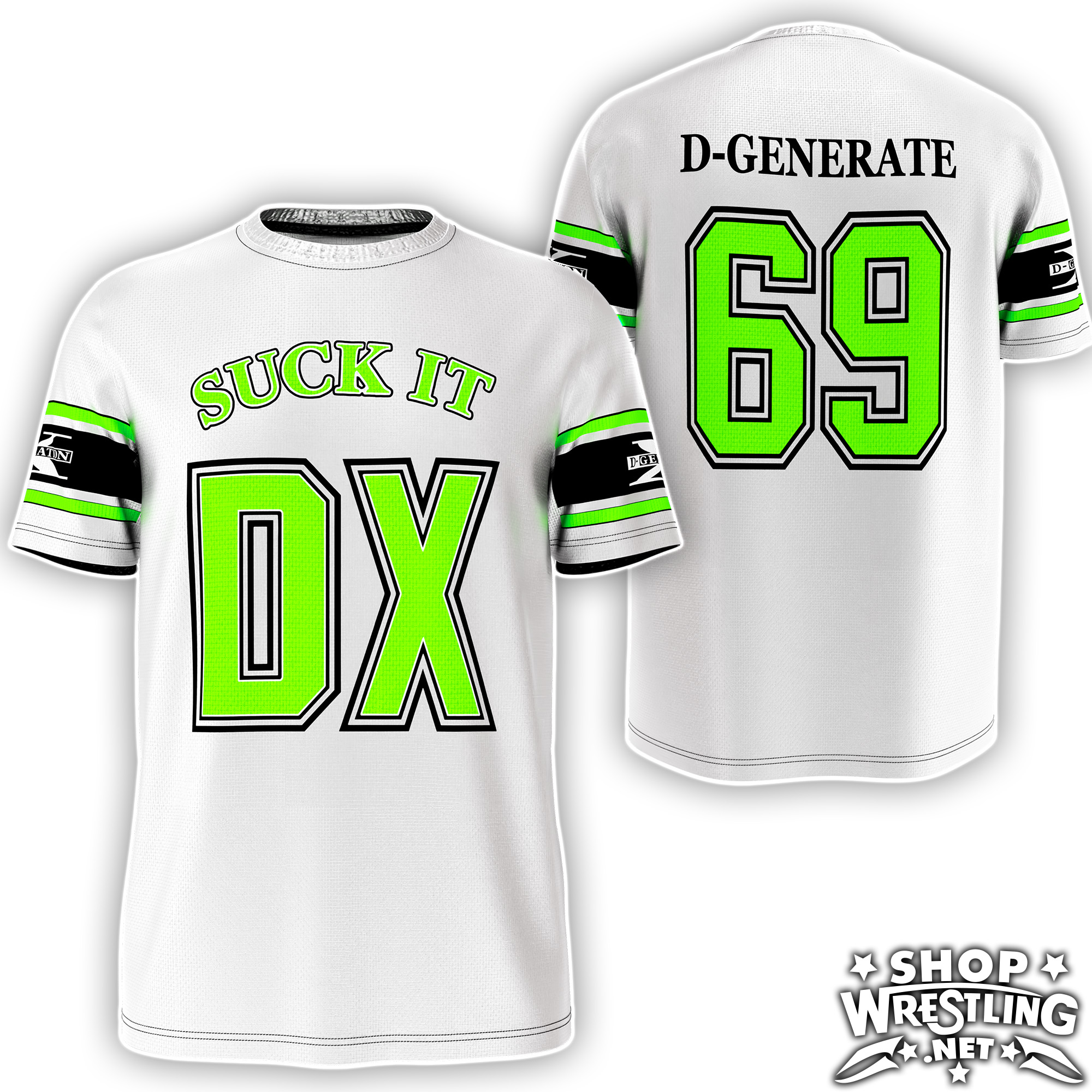 White WWE D-Generation X “Suck It” neon green wrestling jersey with Attitude Era nostalgia, guaranteed!
