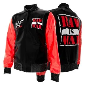 the RAW Is War Wrestling Jacket featuring WWF Attitude Era, RAW, SmackDown, and Monday Night Wars nostalgia for pro wrestling fans, collectors, and live-event wear. shown in an additional product photo.