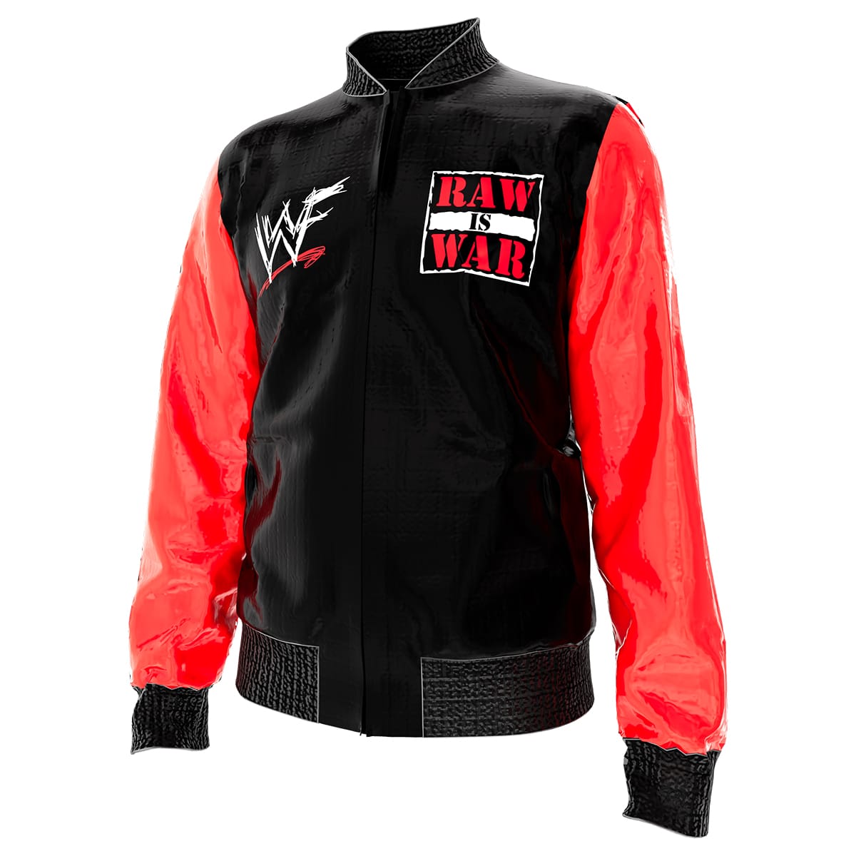 RAW Is War tribute bomber jacket with red sleeves, bold back logo and scratch-style chest graphic – perfect for Attitude Era wrestling collectors.