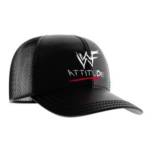 Front of black WWF Attitude Era trucker hat with scratch logo