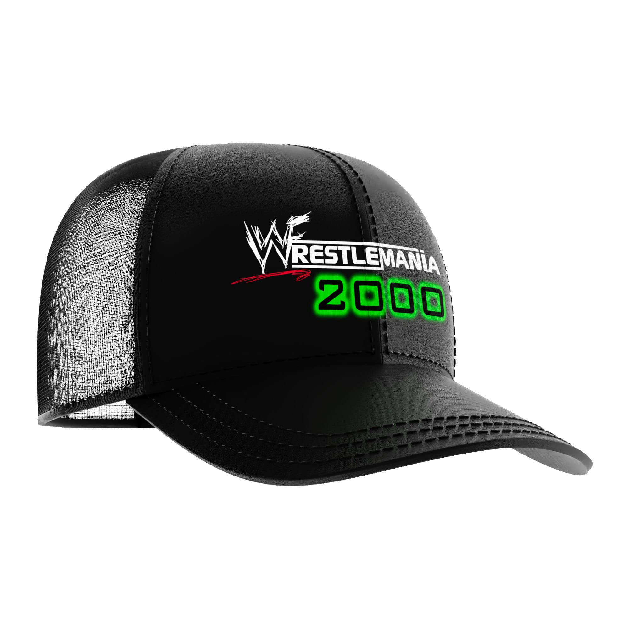 Alternate product view of the WrestleMania 2000 Wrestling Hat featuring WrestleMania 2000, Attitude Era gaming, and retro WWE style for pro wrestling fans, collectors, and live-event wear.