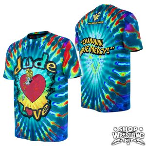 Shop a retro Dude Love Mick Foley tribute tee—psychedelic tie-dye style, full-color sublimation, lightweight polyester fit—classic WWF Attitude Era energy.