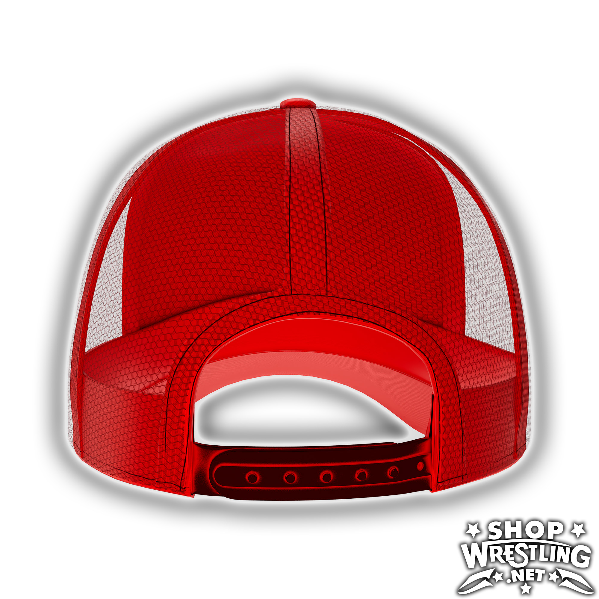 Red adjustable Hulk Hogan trucker hat featuring the iconic Hulkamania logo across the front. Mesh back, snap closure, and timeless wrestling style.