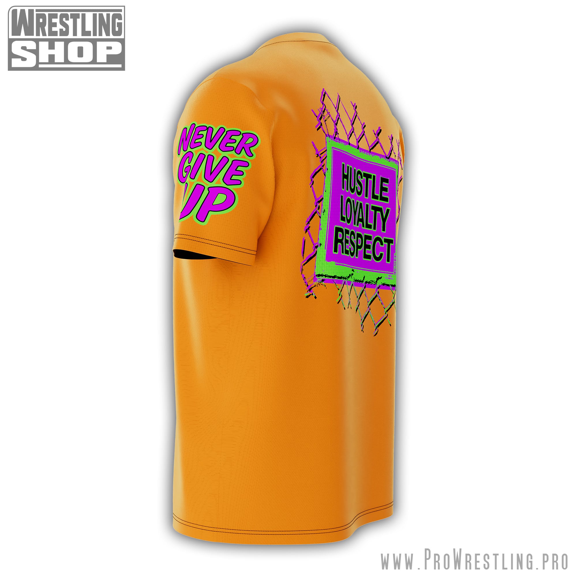 A high-impact John Cena wrestling tee in orange with Hustle Loyalty Respect graphics and signature Cena slogans throughout.