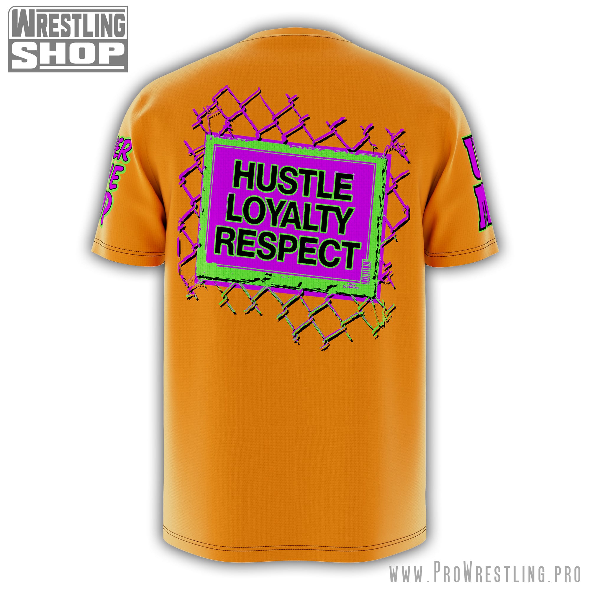 Stand out with this orange John Cena WWE shirt. Features Never Give Up towel art, RESPECT front, and Hustle Loyalty Respect back design.