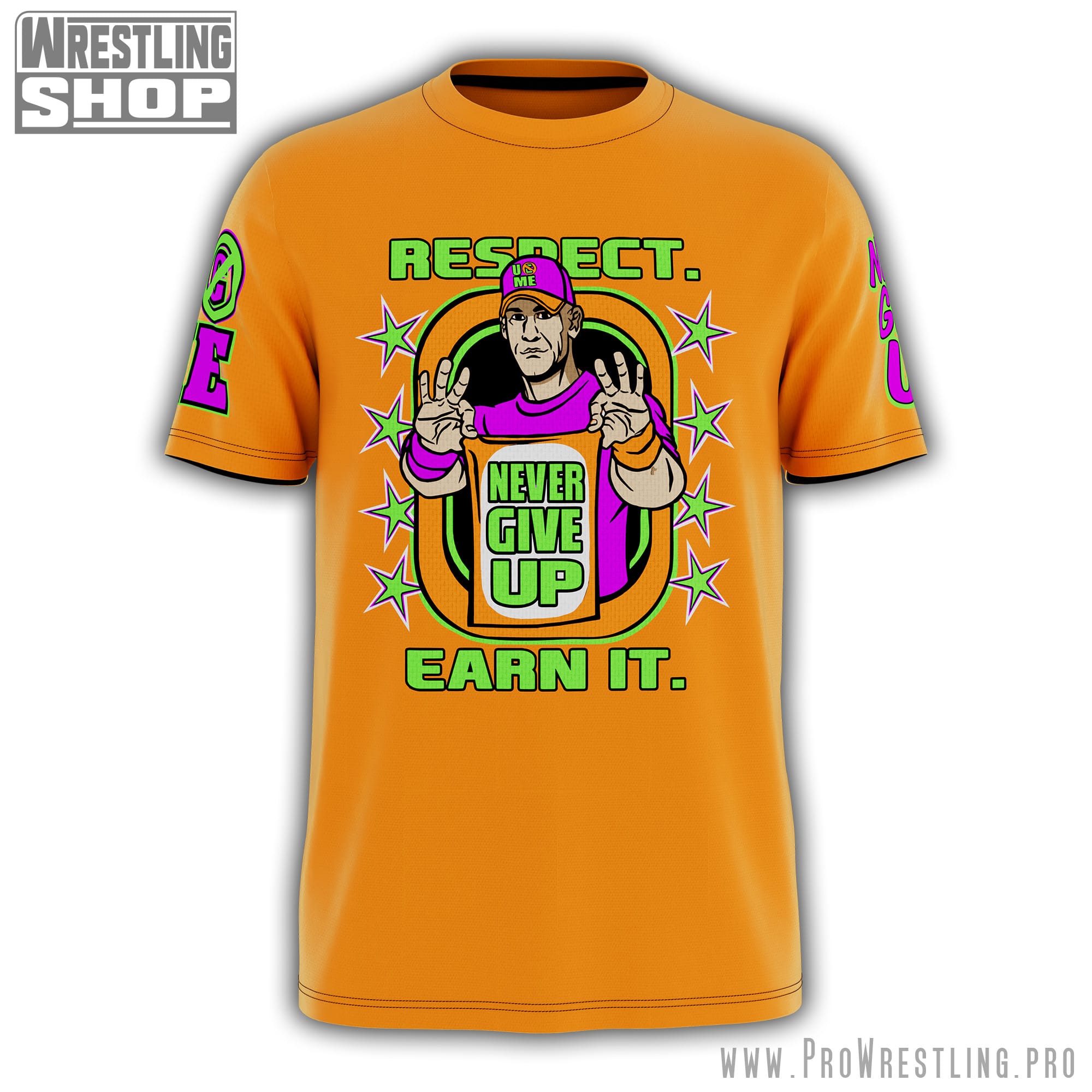 Shop John Cena merch with this bold orange Never Give Up shirt. Lightweight, eye-catching, and packed with WWE legend energy.