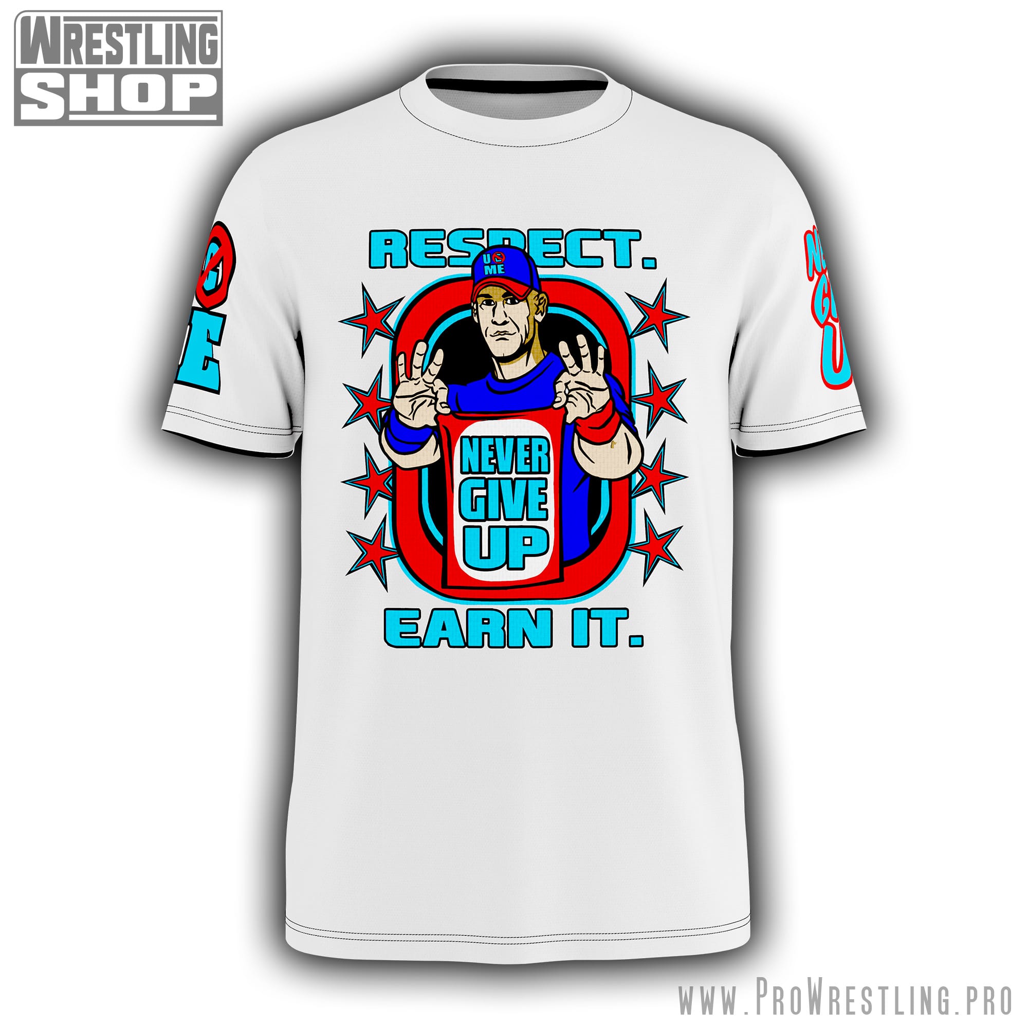 Get your WWE on with this John Cena Never Give Up shirt. It's red and blue on white – great for events, watching wrestling, or just wearing around!