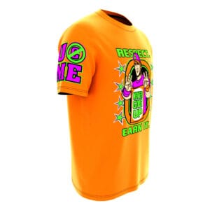 John Cena Wrestling Tee | Orange Never Give Up for WWE wrestling fans, collectors, and live-event wear. shown in an additional product photo.