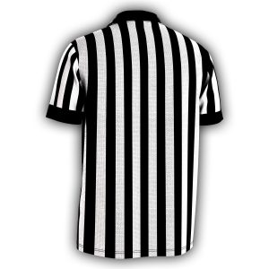 A modern, no-collar wrestling referee shirt with crisp sublimated stripes and moisture-wicking material. Perfect for officiating, cosplay, and wrestling content.