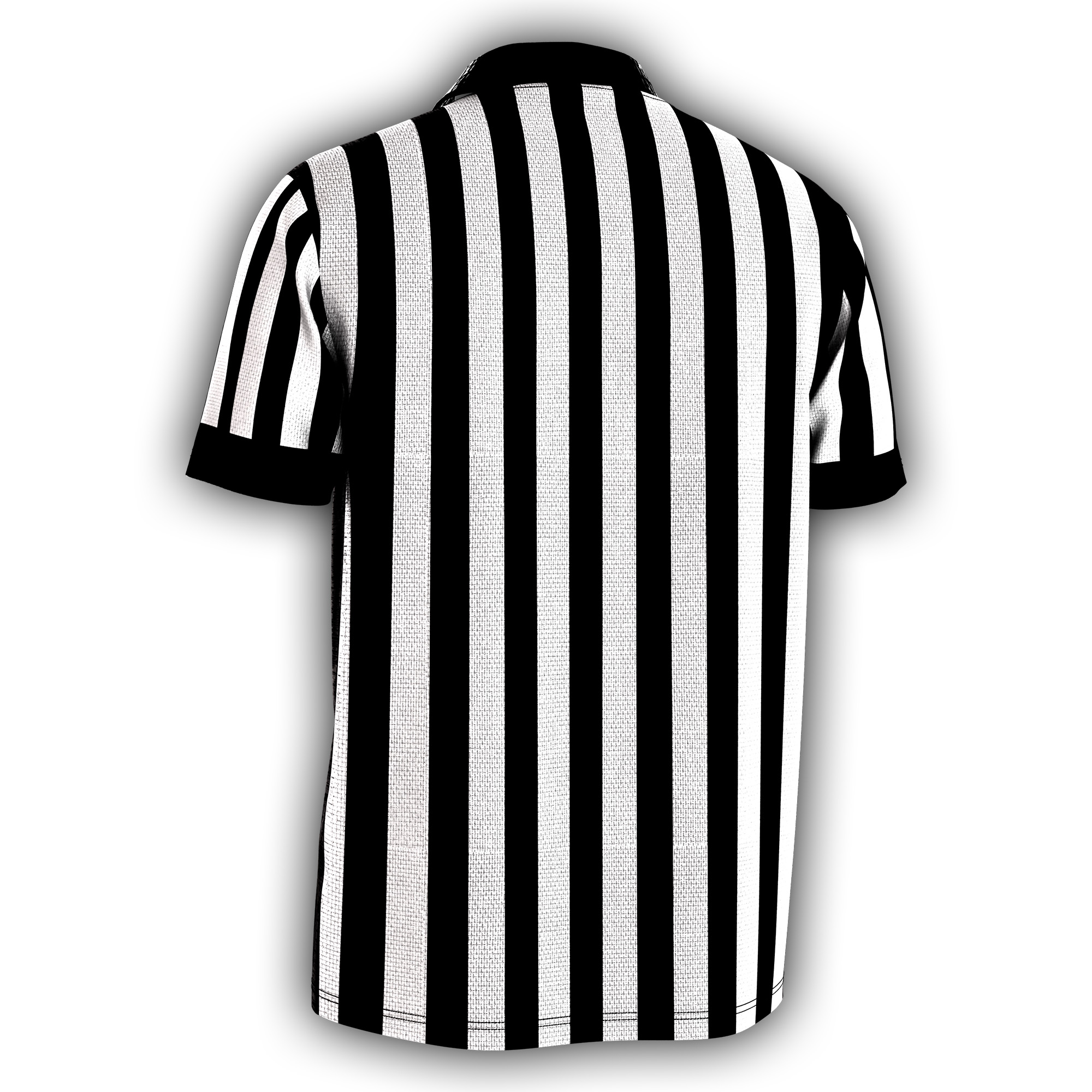 A modern, no-collar wrestling referee shirt with crisp sublimated stripes and moisture-wicking material. Perfect for officiating, cosplay, and wrestling content.