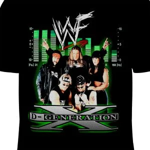 Front view of the DX Army Wrestling Tee inspired by Triple H, Shawn Michaels, Chyna, X-Pac, Road Dogg, Billy Gunn, and rebellious Attitude Era style.