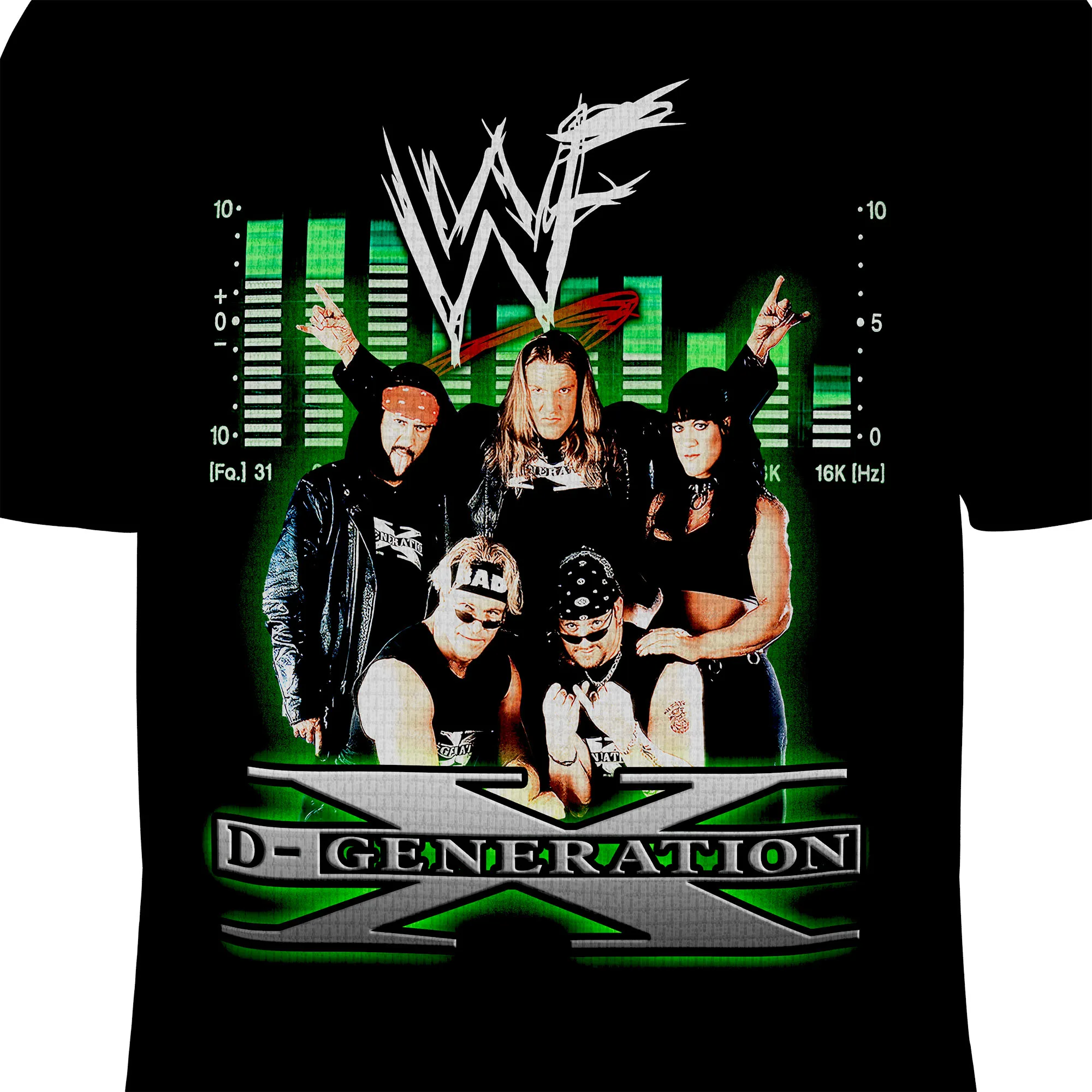Front view of the DX Army Wrestling Tee inspired by Triple H, Shawn Michaels, Chyna, X-Pac, Road Dogg, Billy Gunn, and rebellious Attitude Era style.