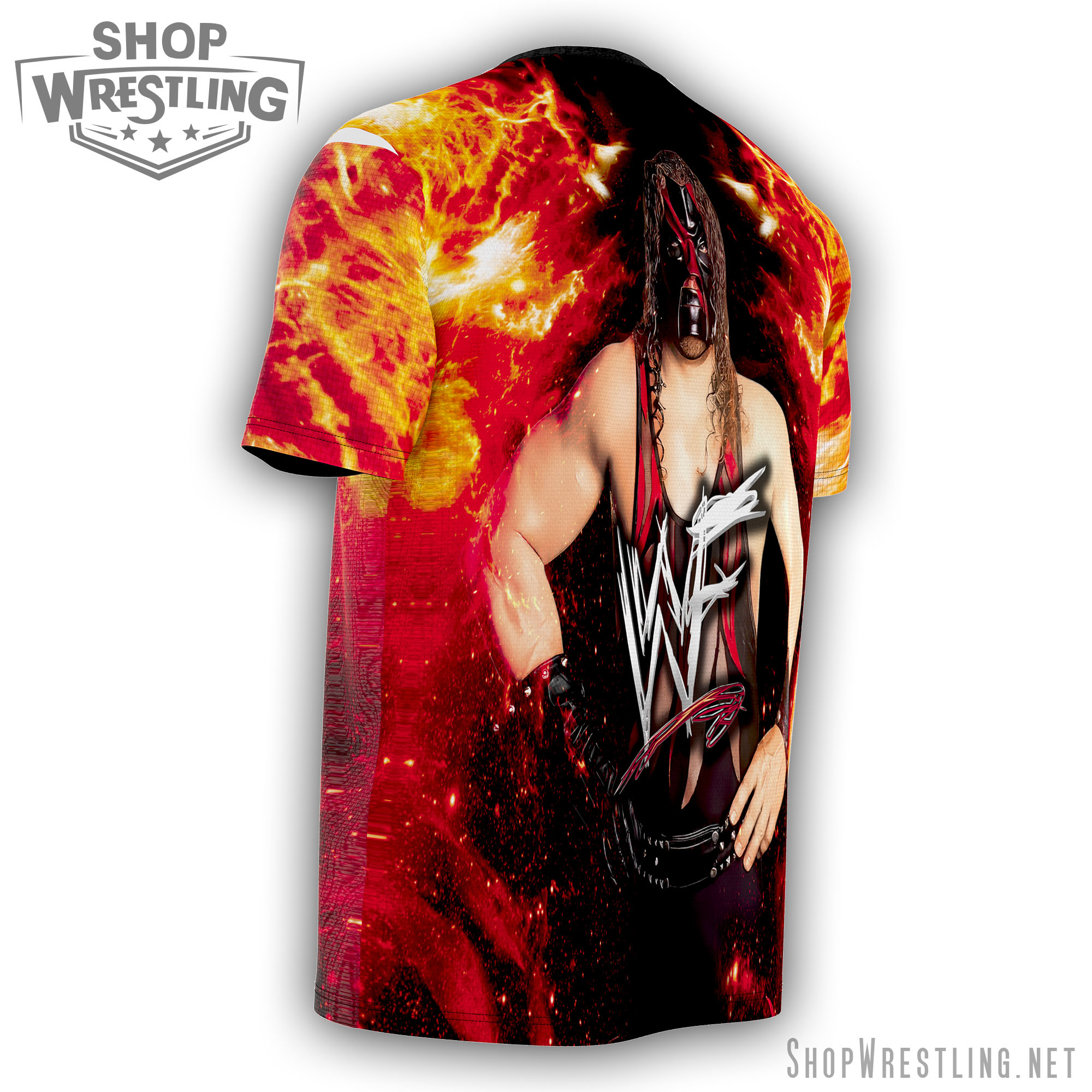 Not your average wrestling tee. This Kane full-print shirt brings Attitude Era energy with a blazing design and unmistakable WWE style.