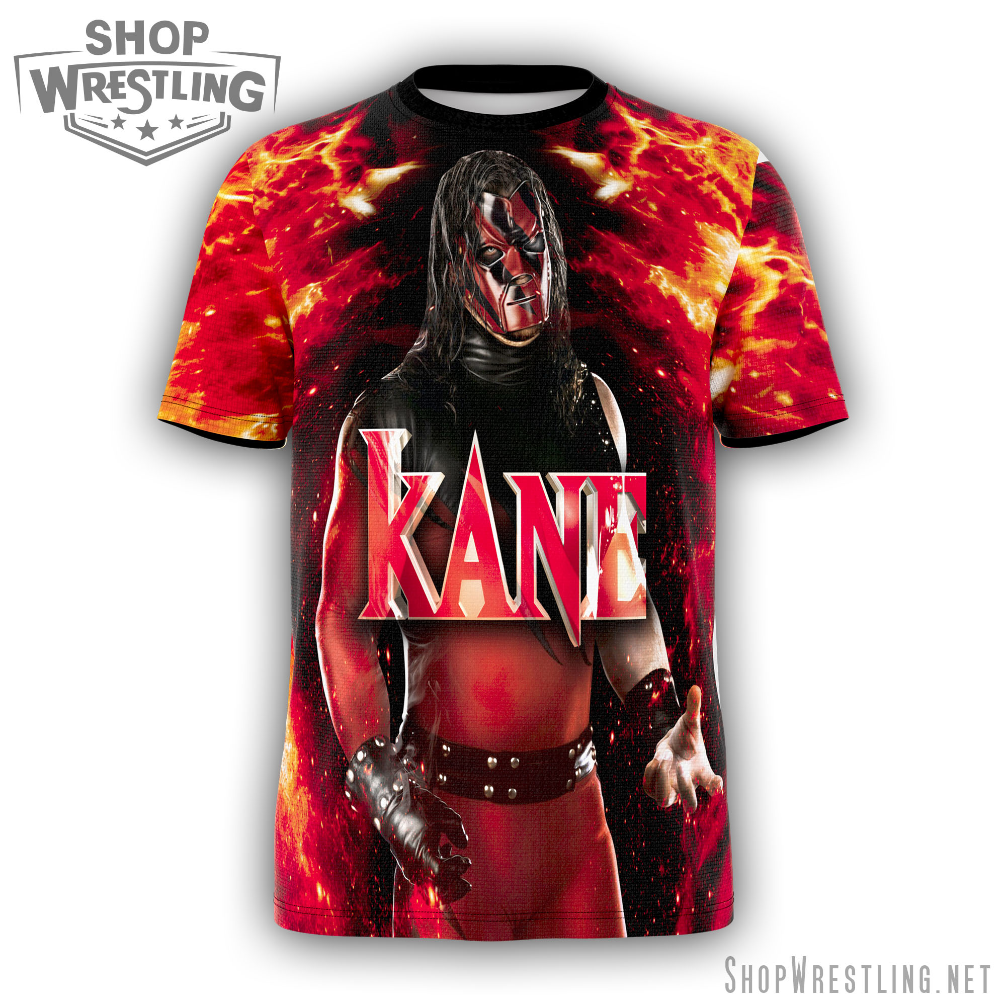 Kane’s legacy, printed edge-to-edge. This full-print WWE t-shirt captures the fire, chaos, and presence of the Big Red Machine.