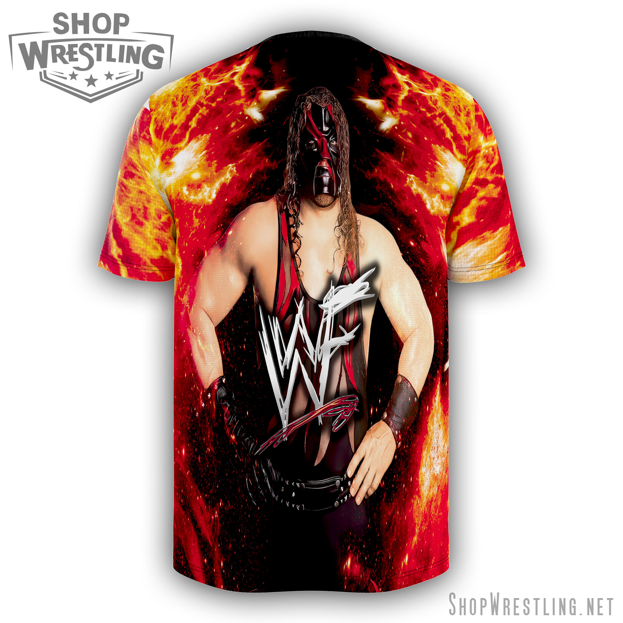 A bold Kane wrestling shirt inspired by the Attitude Era. Full-print fire design, iconic mask, and classic WWF branding for true fans.