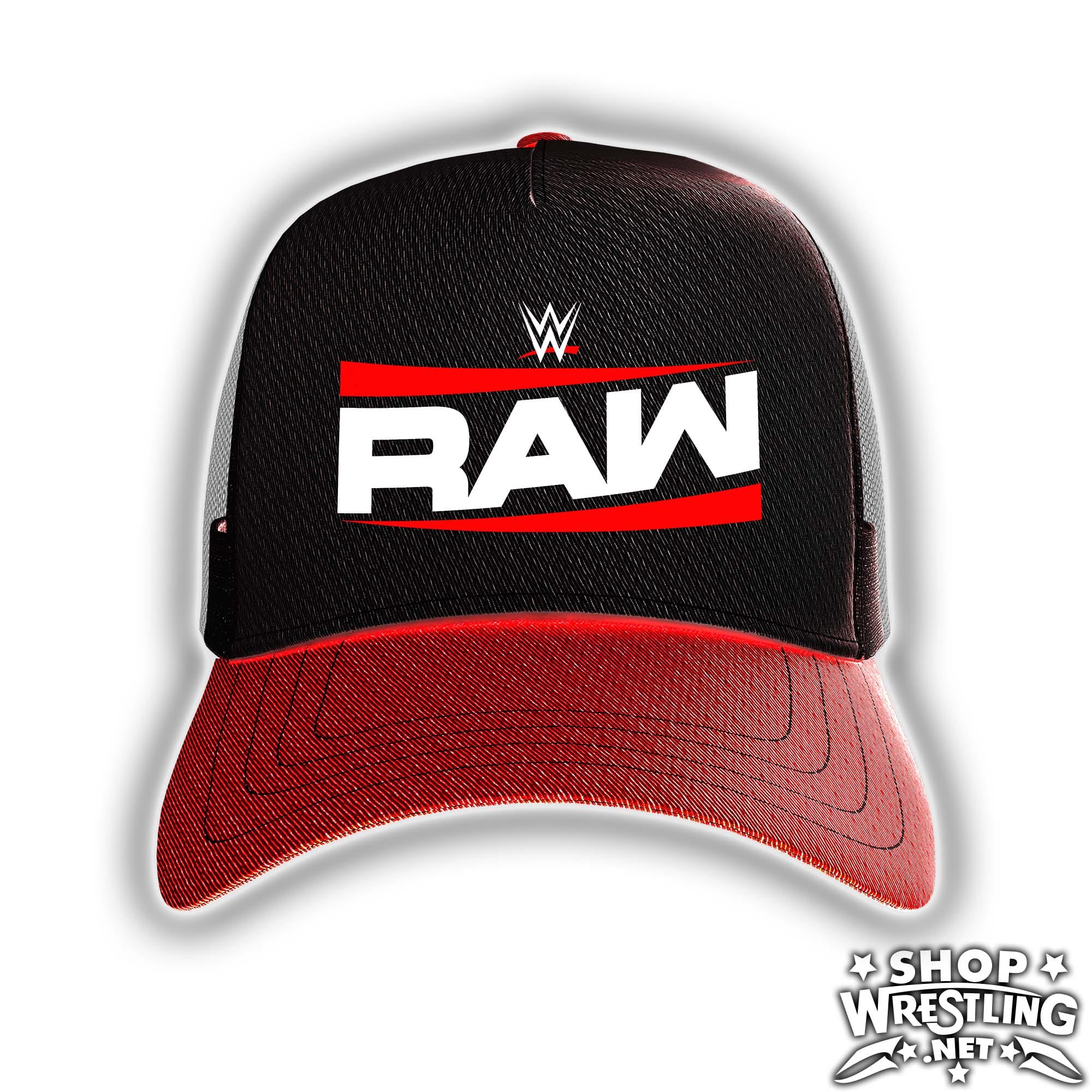 Celebrate WWE Raw on Netflix with this 2025 adjustable trucker hat. Features a black front panel, red curved visor, mesh back, and classic snap closure.