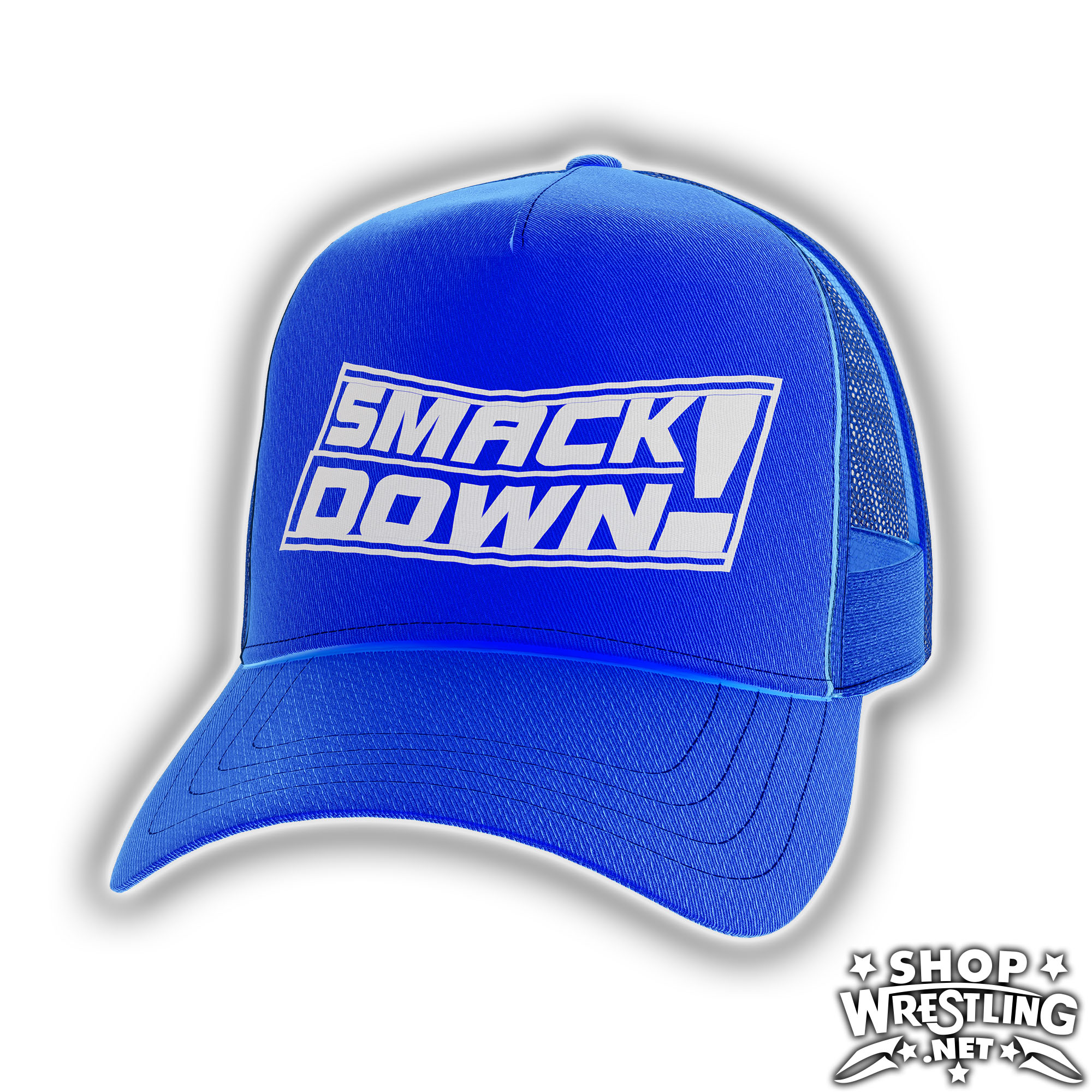 WWE SmackDown retro blue adjustable hat with bold logo and classic curved bill style. A perfect blue brand cap for Ruthless Agression fans.