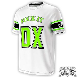 Throw it back to the Attitude Era with this white DX jersey inspired by D-Generation X. Bold “Suck It” energy, classic green accents, and pure WWF nostalgia for true wrestling fans.