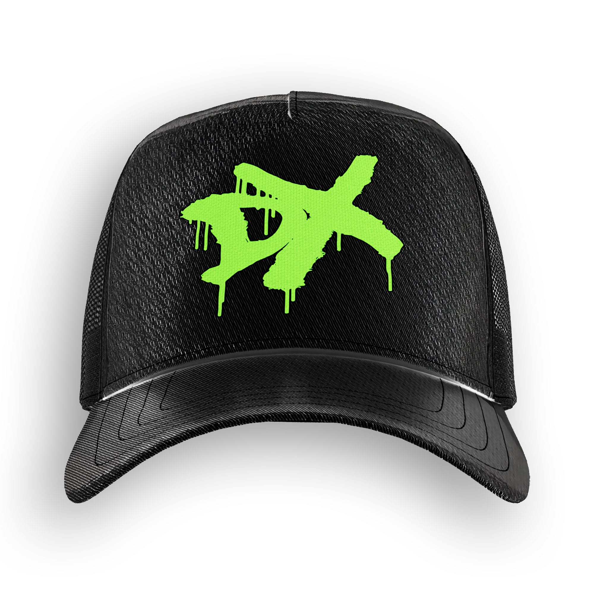 Front of black D-Generation X adjustable trucker hat
