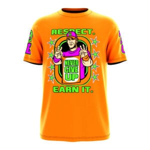John Cena WWE orange Never Give Up wrestling shirt for fans and collectors.