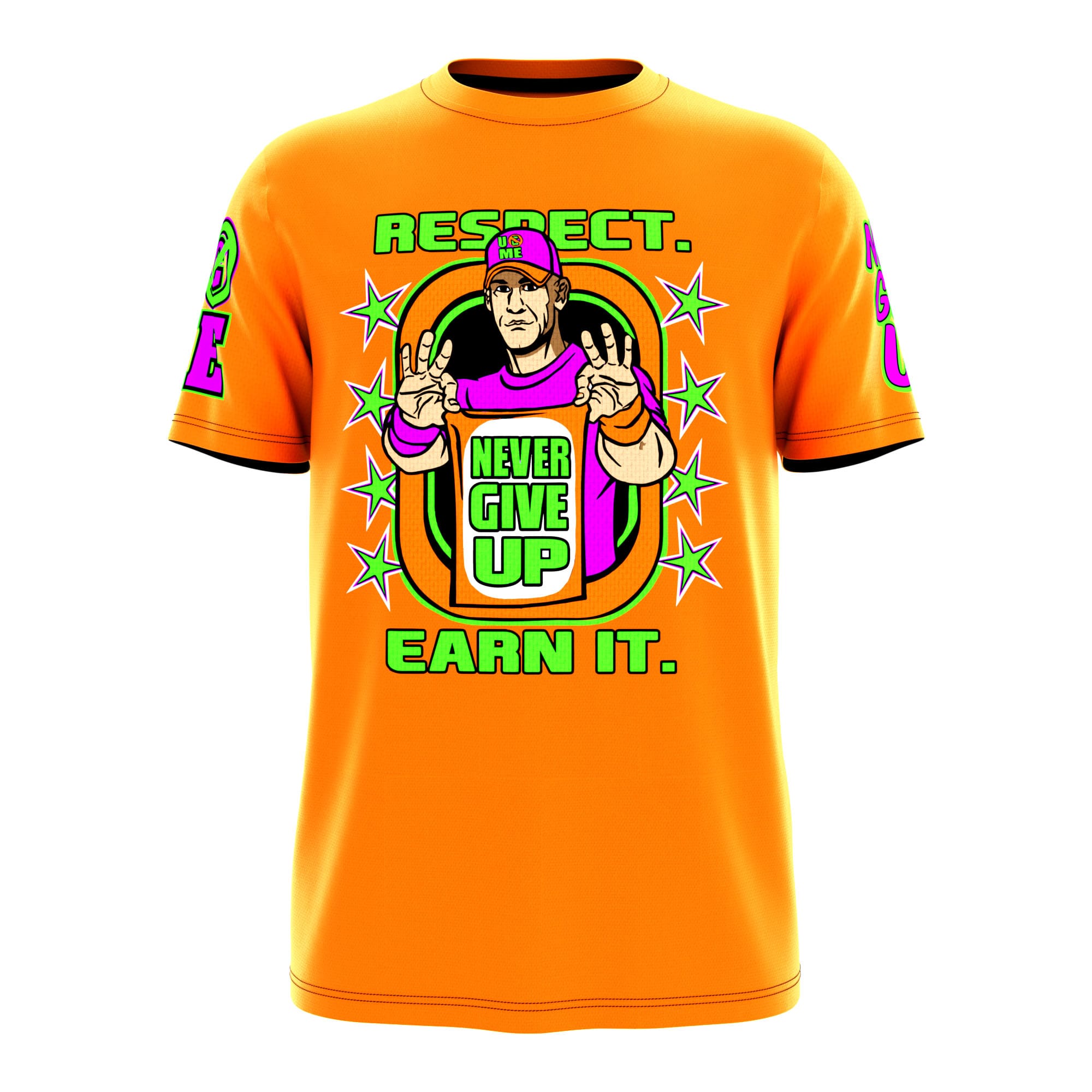 John Cena WWE orange Never Give Up wrestling shirt for fans and collectors.
