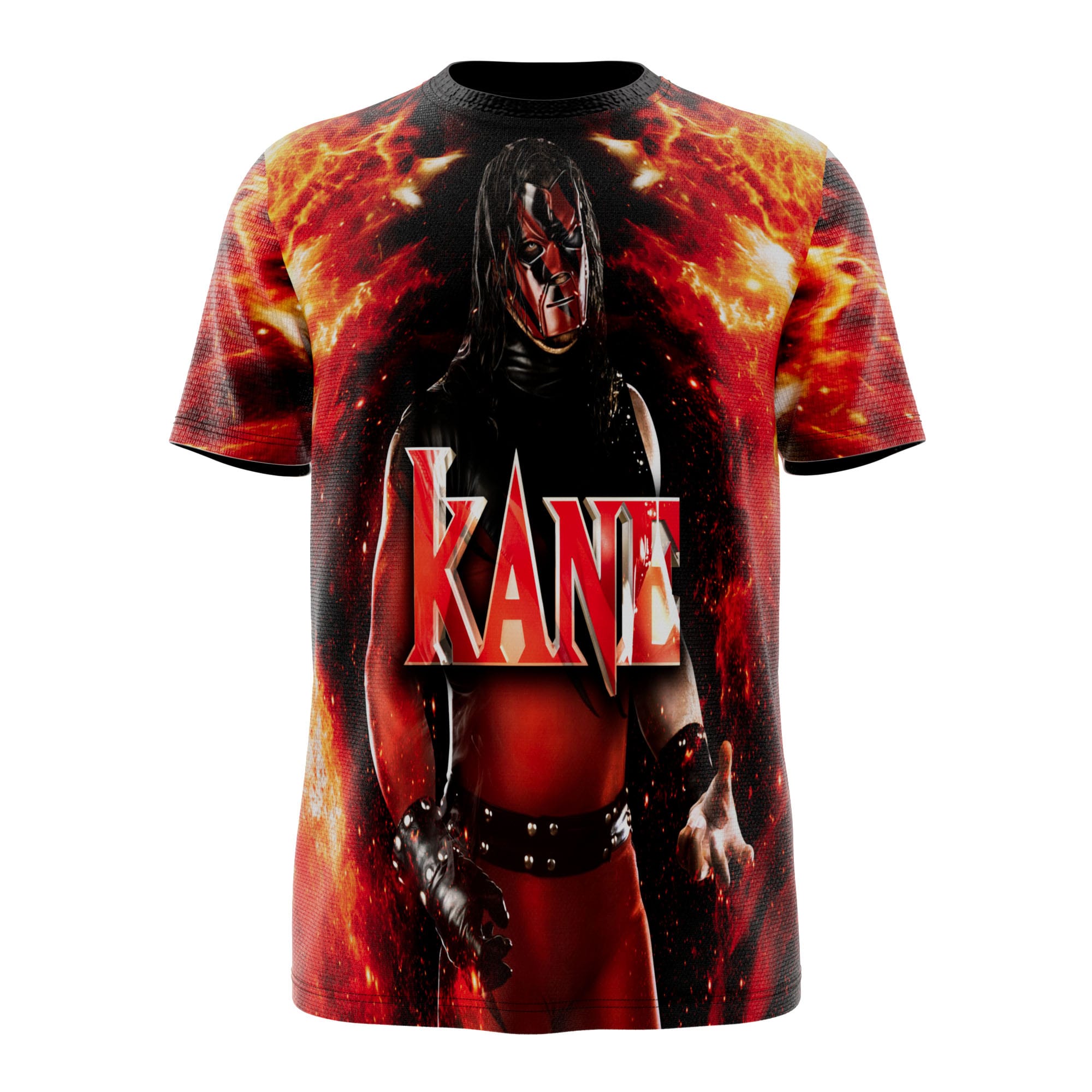 Bring the fire with this Kane wrestling tee featuring bold full-print artwork inspired by WWE’s legendary Big Red Machine.