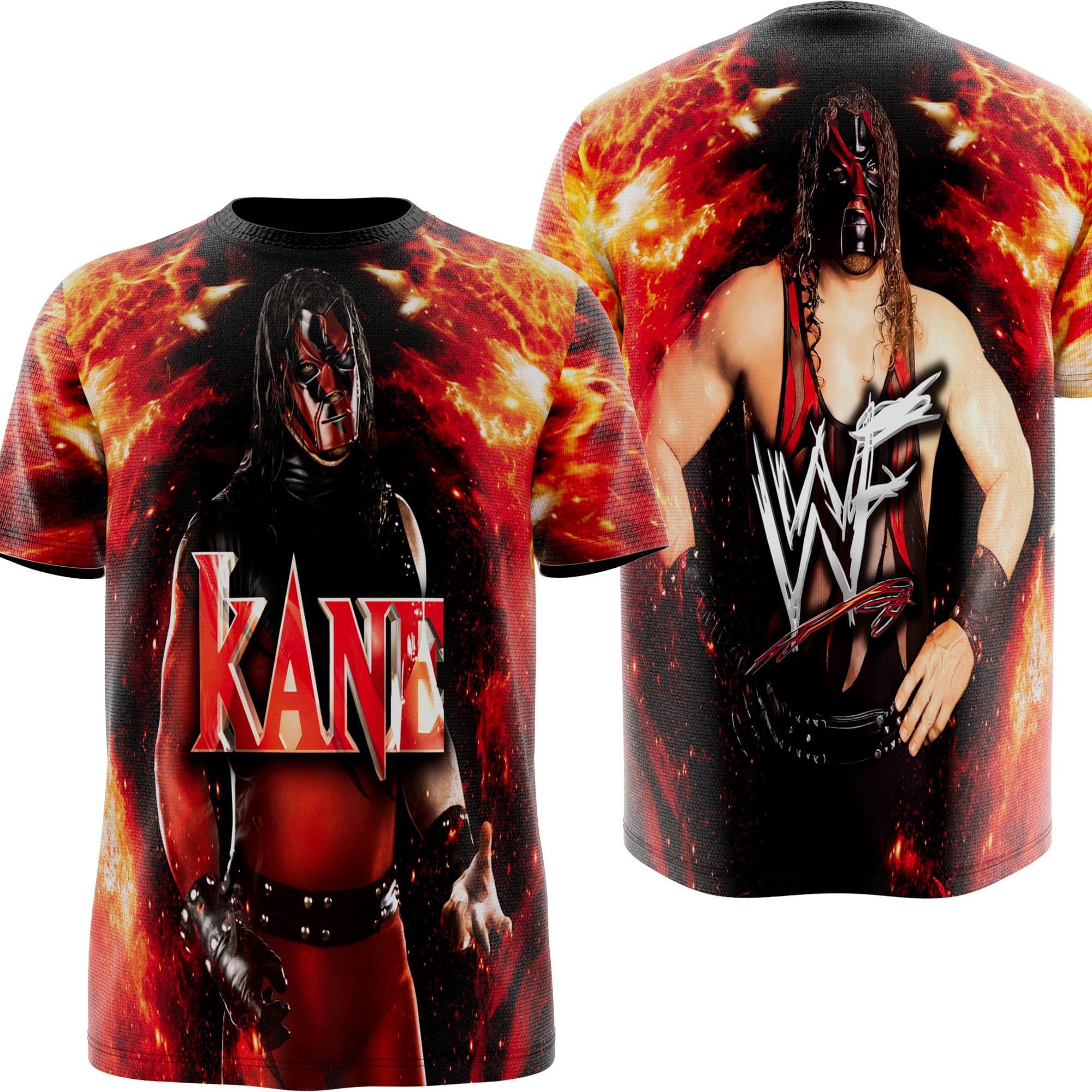 Shop the Kane “Big Red Machine” full-print wrestling shirt inspired by classic WWE Attitude Era fire, chaos, and destruction.