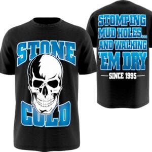 Stone Cold skull wrestling tee with bold blue graphics, classic attitude-era energy, and front/back print style from WrestlingTees.net