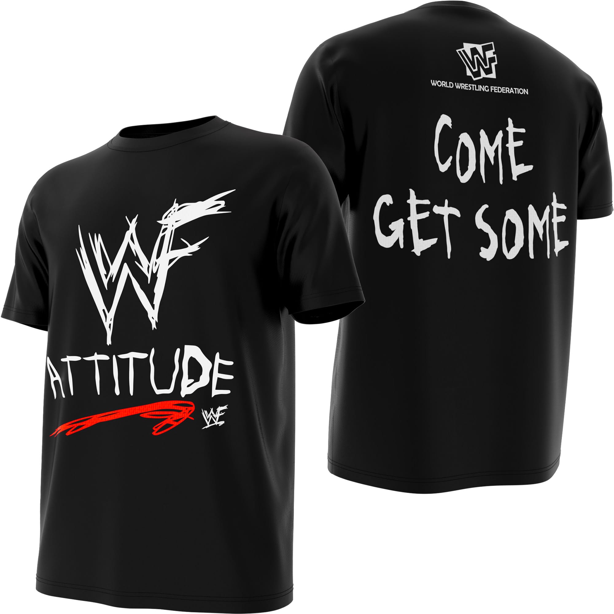 Shop the WWF Attitude “Come Get Some” wrestling tee, inspired by WWE Attitude Era chaos, RAW is WAR energy, Stone Cold, The Rock, DX, and classic 90s wrestling.