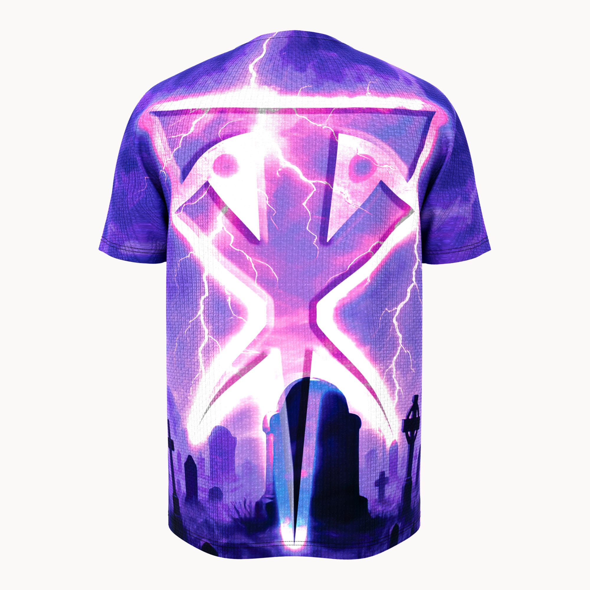 A mid-90s tribute to The Undertaker with all-over Deadman graphics, lightning details, and old-school WWE wrestling shirt attitude.