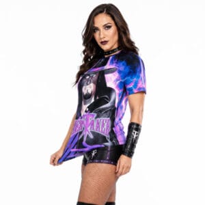 The Undertaker mid-90s tribute shirt with bold Deadman artwork, purple lightning, graveyard graphics, and retro wrestling tee energy.