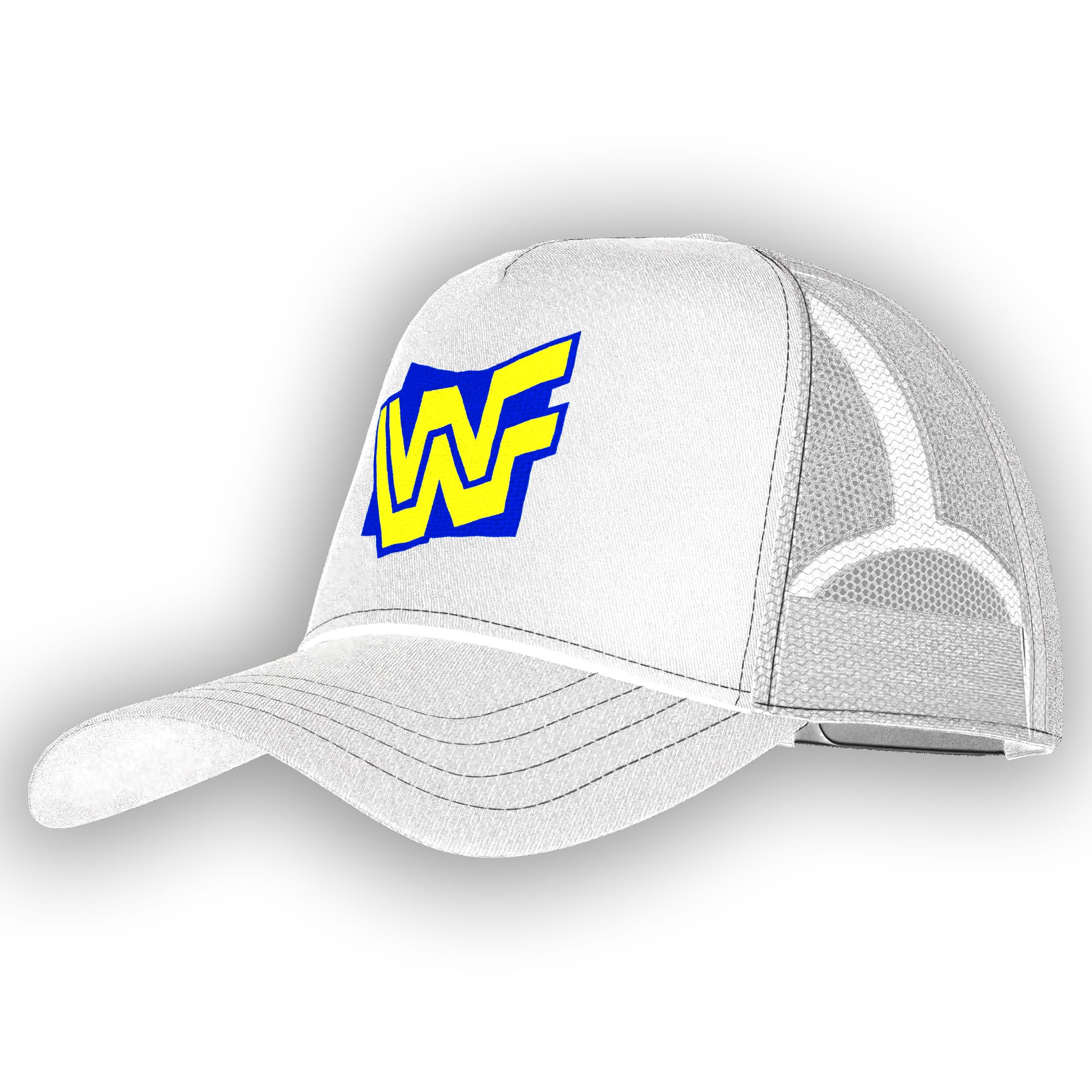 Shop the WWF Block Logo retro white hat, inspired by WWE’s New Generation Era, classic 90s wrestling, Bret Hart, Shawn Michaels, Diesel, and Razor Ramon.