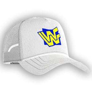 A clean white WWF Block Logo trucker hat for fans of WWE’s New Generation Era, featuring retro blue and yellow style with adjustable snapback comfort.