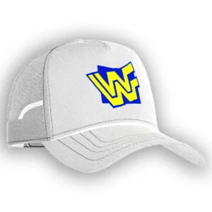 A clean white WWF Block Logo trucker hat for fans of WWE’s New Generation Era, featuring retro blue and yellow style with adjustable snapback comfort.