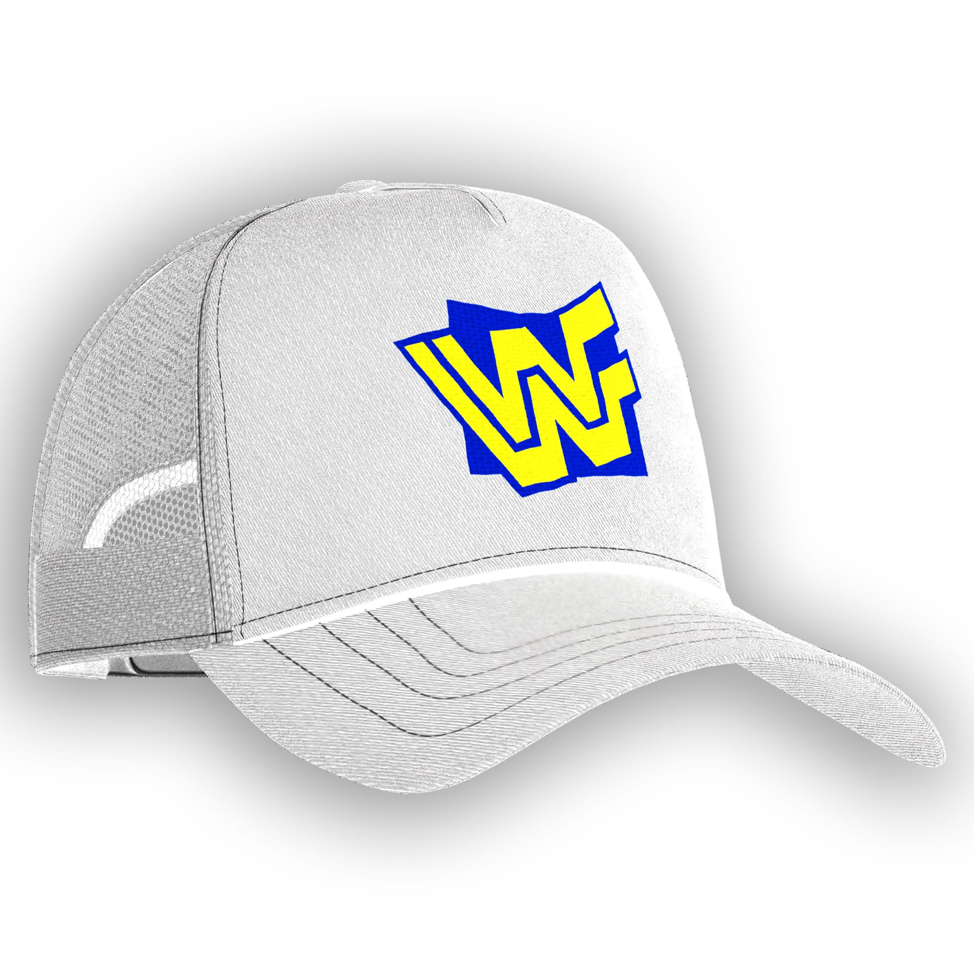 A clean white WWF Block Logo trucker hat for fans of WWE’s New Generation Era, featuring retro blue and yellow style with adjustable snapback comfort.
