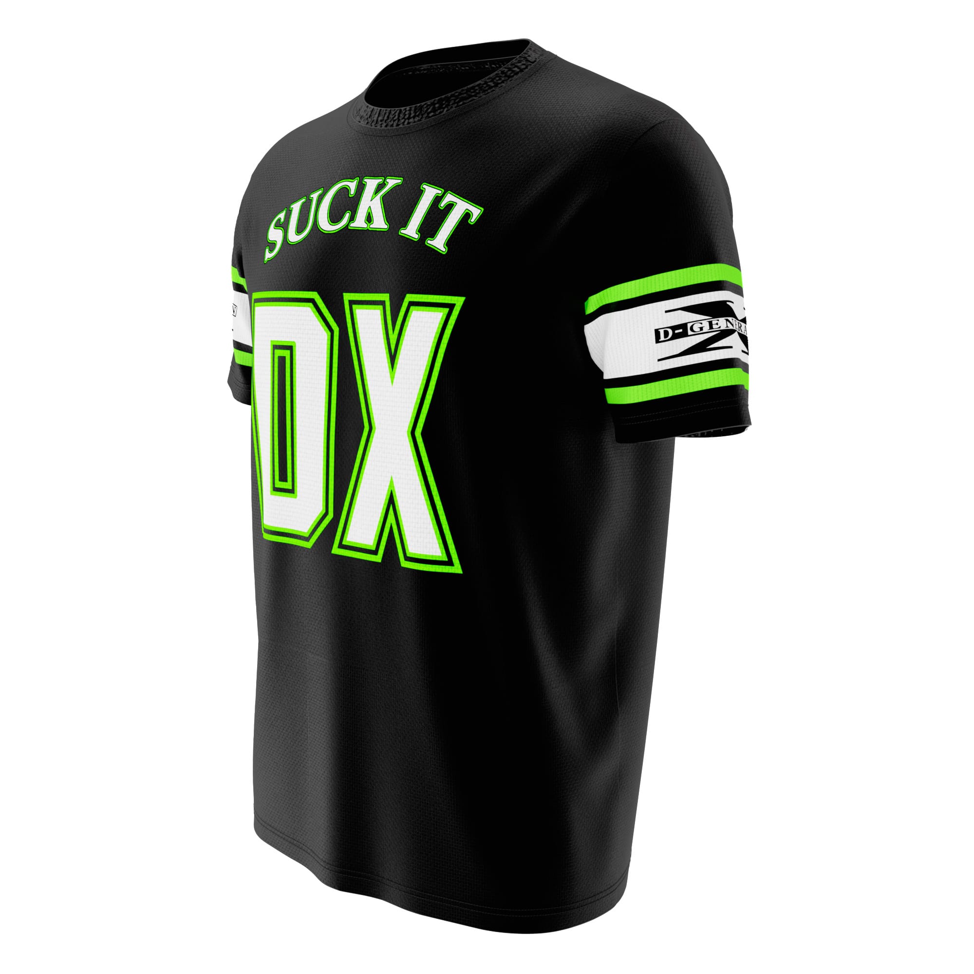 Break it down! The DX Jersey pays tribute to WWE’s wildest faction — Triple H, HBK, Chyna, X-Pac & the New Age Outlaws — in iconic black-and-green style.