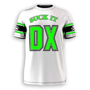 This D-Generation X White Jersey brings retro wrestling energy with DX graphics, Attitude Era style, Triple H, Shawn Michaels, Chyna, and X-Pac vibes.