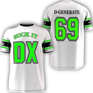 Shop the D-Generation X White Jersey, a retro wrestling tribute with DX attitude, WWE-era nostalgia, RAW is WAR energy, and classic faction style.