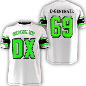 Shop the d-generation x white jersey, a retro wrestling tribute with dx attitude, wwe-era nostalgia, raw is war energy, and classic faction style.