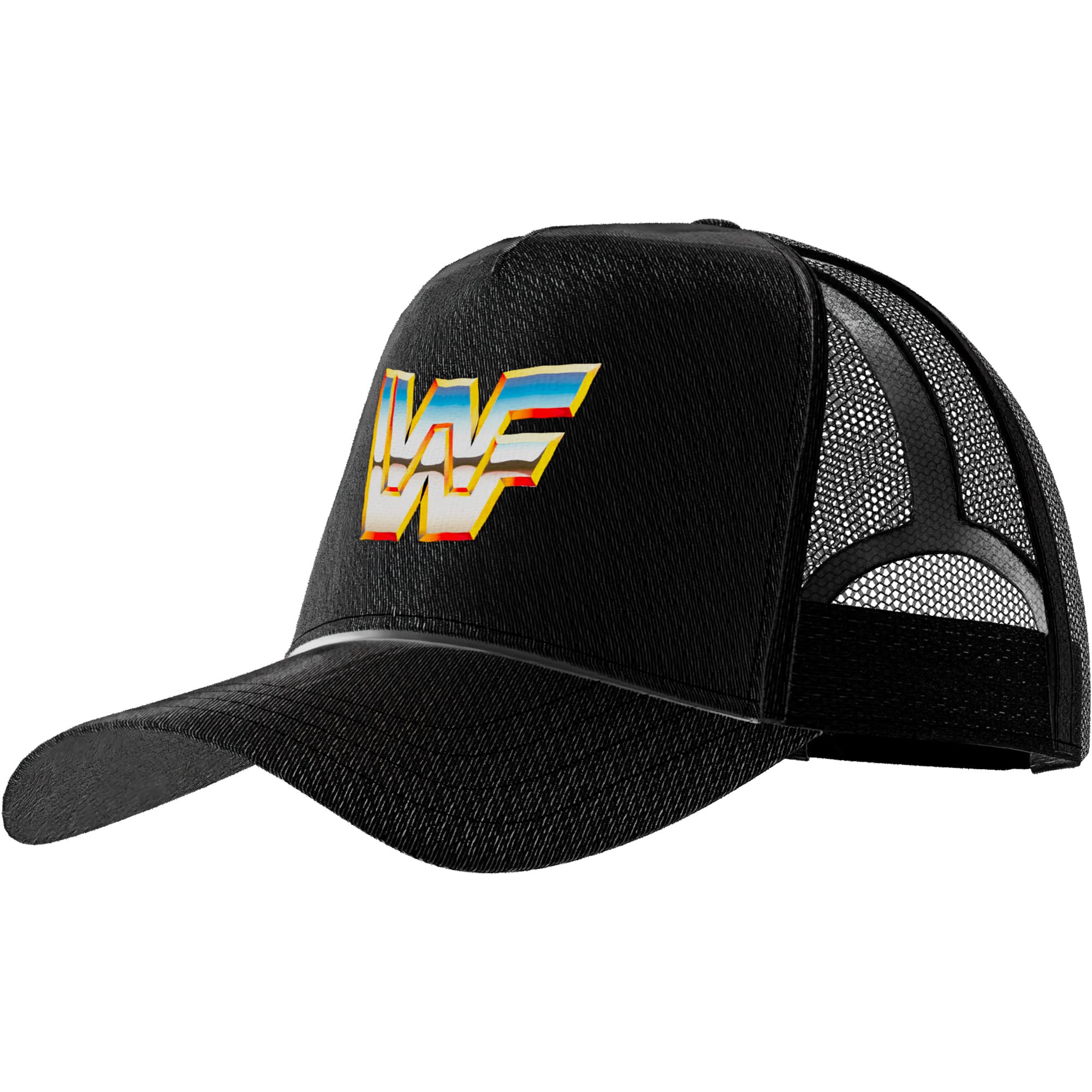 This WWE 1980s Block Logo adjustable trucker hat celebrates the golden era of WWF with bold black styling and vintage wrestling merch appeal.
