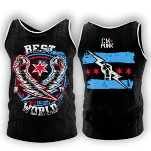 Alternate product view of the black CM Punk Best in the World tank top with straight-edge wrestling artwork and a lightweight summer-ready design.