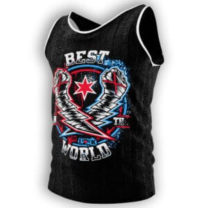 Lightweight CM Punk black polyester tank top with Best in the World artwork and summer merch-table style