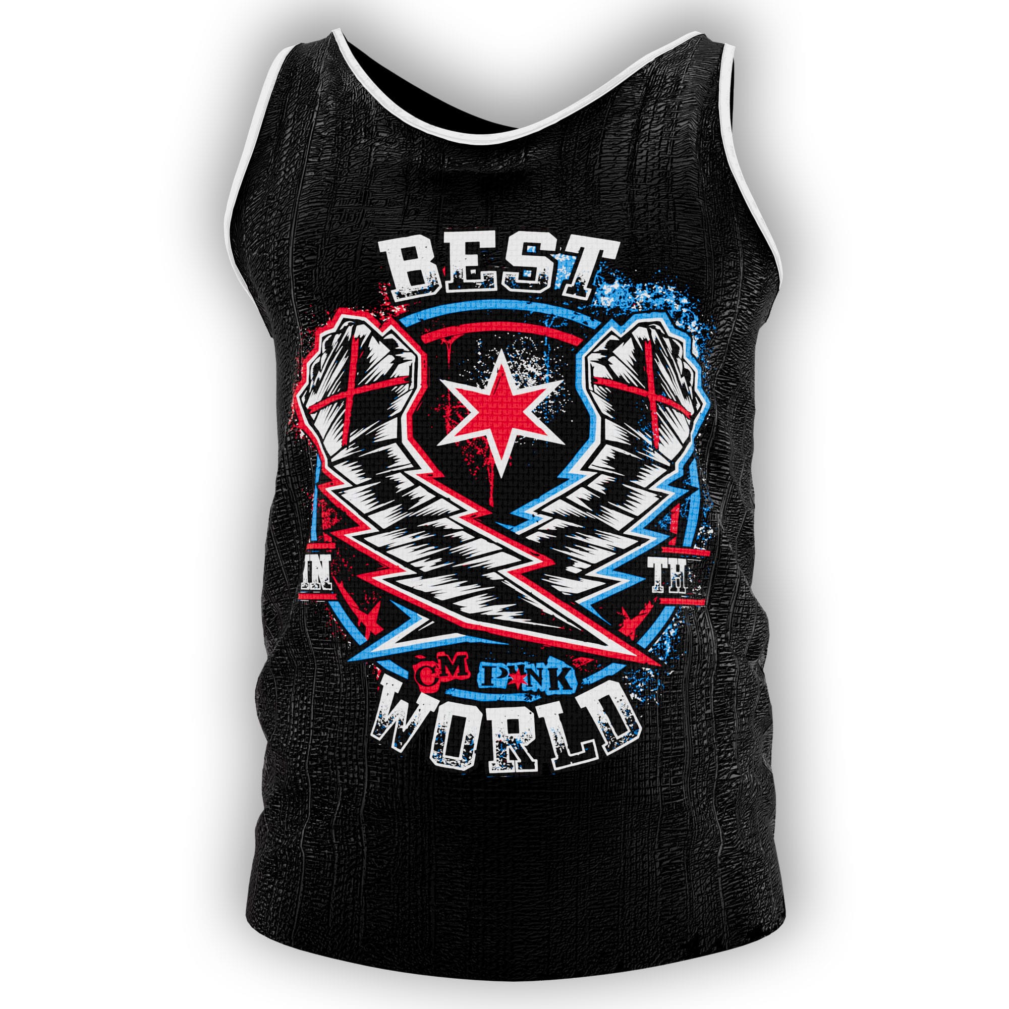 Black CM Punk Best in the World wrestling tank top with blue red and white main event energy