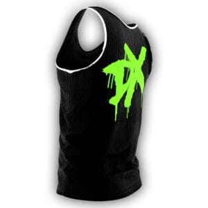 the DX Triple H and Shawn Michaels tank top with black-and-green artwork, a back DX print, and sleeveless summer style. shown in an additional product photo.